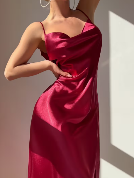 فستان نوم ماكسي بدون حمالات بفتحة رقبة على شكل حرف V للنساء باللون العنابي