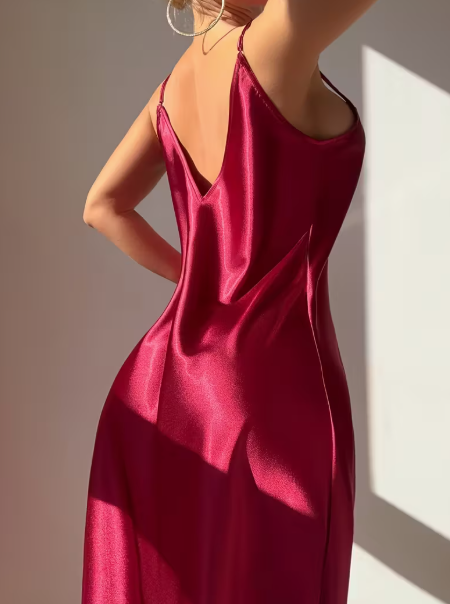 فستان نوم ماكسي بدون حمالات بفتحة رقبة على شكل حرف V للنساء باللون العنابي