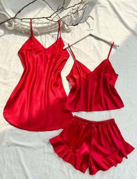 طقم بيجاما نسائي من ثلاث قطع، مناسب لجميع الفصول