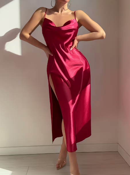 فستان نوم ماكسي بدون حمالات بفتحة رقبة على شكل حرف V للنساء باللون العنابي